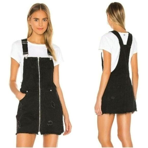 Superdown Revolve Black Denim Ripped Distressed Overall Mini Dress Zip Front S - Picture 9 of 15